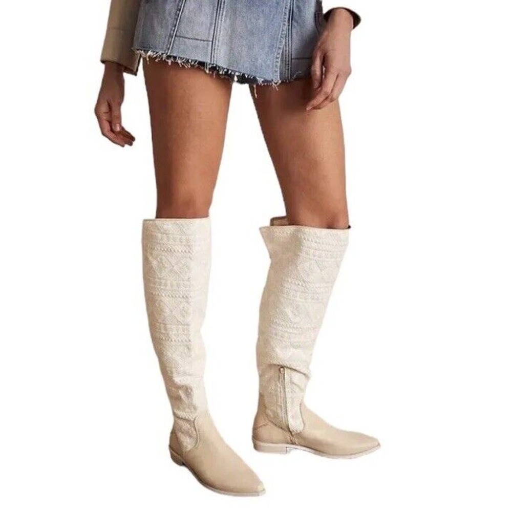 Free People Bren Slouch Crochet Tall Boot In Ecru, White $298 Size 37, US 6.5